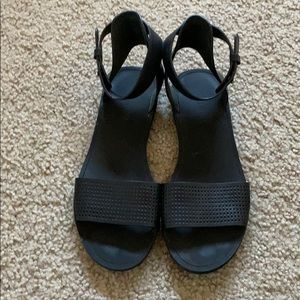 black leather perforated ankle strap sandals